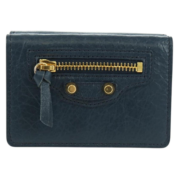 BALENCIAGA Classic Mini Trifold Wallet Lammleder Navy Gold 477455 Auth SW2303M