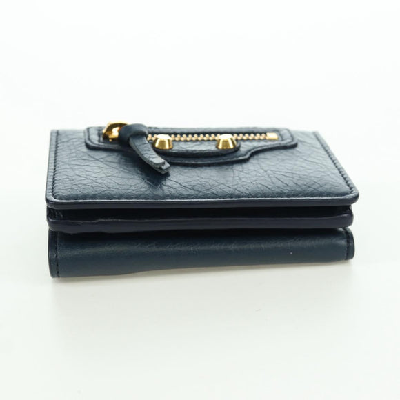 BALENCIAGA Classic Mini Trifold Wallet Lammleder Navy Gold 477455 Auth SW2303M