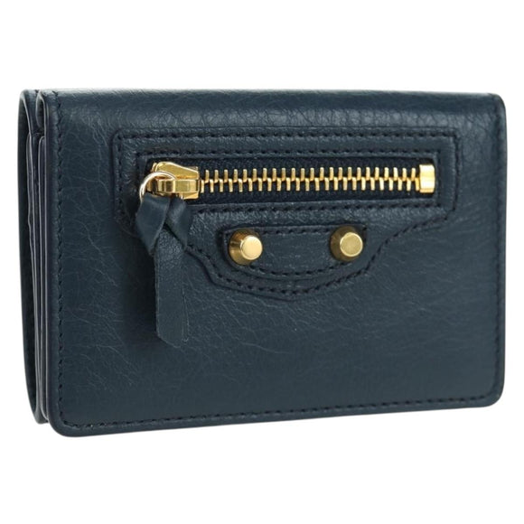 BALENCIAGA Classic Mini Trifold Wallet Lamb Skin Navy Gold 477455 Auth SW2305M