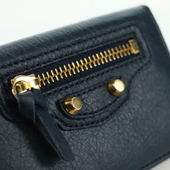 BALENCIAGA Classic Mini Trifold Wallet Lamb Skin Navy Gold 477455 Auth SW2305M