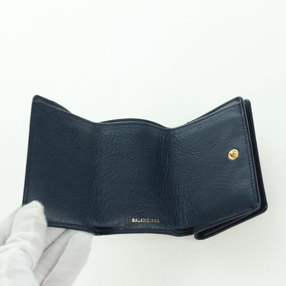 BALENCIAGA Classic Mini Trifold Wallet Lamb Skin Navy Gold 477455 Auth SW2305M