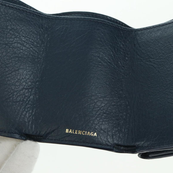 BALENCIAGA Classic Mini Trifold Wallet Lamb Skin Navy Gold 477455 Auth SW2305M