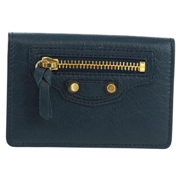 BALENCIAGA Classic Mini Trifold Wallet Lamb Skin Navy Gold 477455 Auth SW2305M