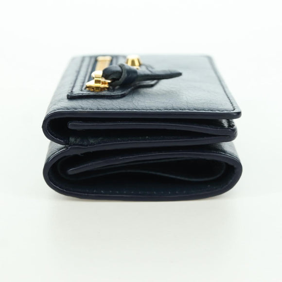 BALENCIAGA Classic Mini Trifold Wallet Lamb Skin Navy Gold 477455 Auth SW2305M