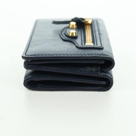 BALENCIAGA Classic Mini Trifold Wallet Lamb Skin Navy Gold 477455 Auth SW2305M