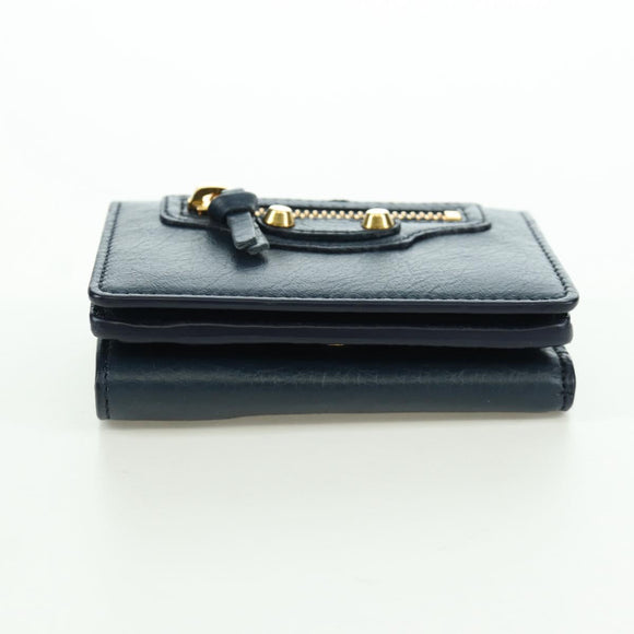 BALENCIAGA Classic Mini Trifold Wallet Lamb Skin Navy Gold 477455 Auth SW2305M