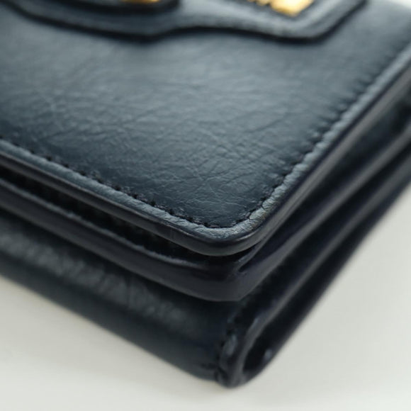 BALENCIAGA Classic Mini Trifold Wallet Lamb Skin Navy Gold 477455 Auth SW2305M