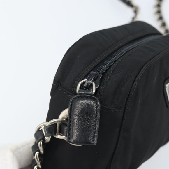 PRADA Umhängetasche mit Kette Nylon Schwarz Gold Auth SW2325A