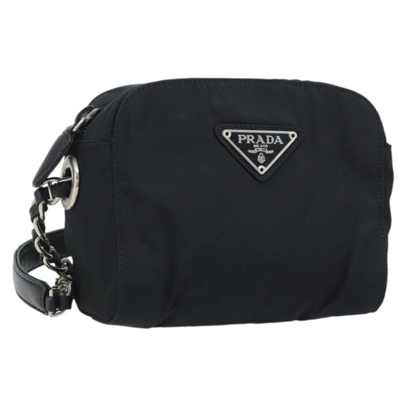 PRADA Umhängetasche mit Kette Nylon Schwarz Gold Auth SW2325A