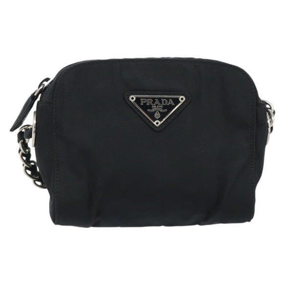 PRADA Umhängetasche mit Kette Nylon Schwarz Gold Auth SW2325A