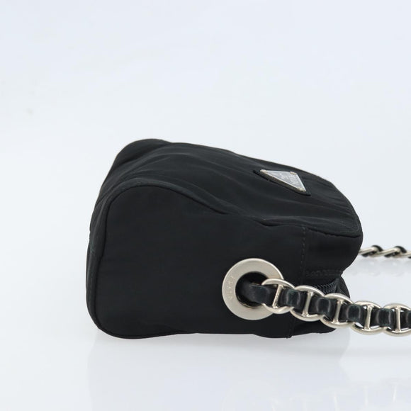 PRADA Umhängetasche mit Kette Nylon Schwarz Gold Auth SW2325A
