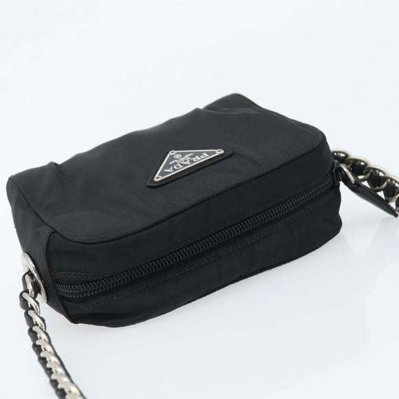 PRADA Umhängetasche mit Kette Nylon Schwarz Gold Auth SW2325A