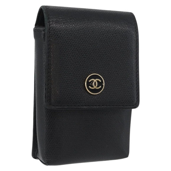 CHANEL Cigarette Case Leather Black Gold CC Auth SW2330A