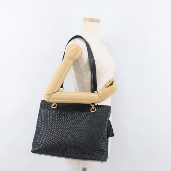 BALLY Quilted Shoulder Bag Leather Navy Gold Auth SW2333A