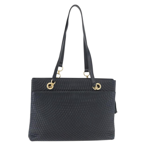 BALLY Quilted Shoulder Bag Leather Navy Gold Auth SW2333A
