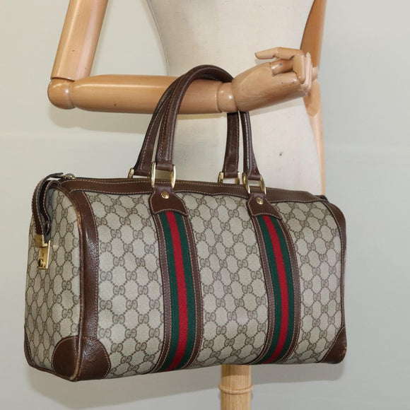 GUCCI GG Supreme Web Sherry Line Hand Bag PVC Beige Gold Red Auth sw234