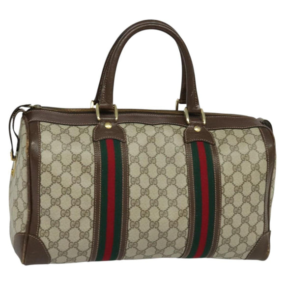 GUCCI GG Supreme Web Sherry Line Hand Bag PVC Beige Gold Red Auth sw234