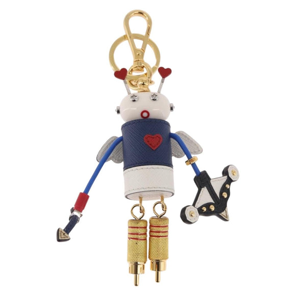 PRADA Robot Key Holder Metal Leather White Navy 2TR034 Auth SW2350V
