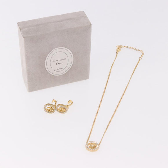 Christian Dior Earring Necklace metal set Gold Tone Auth SW2395V