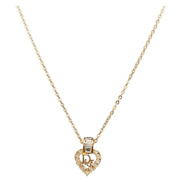 Christian Dior Rhinestone Heart Necklace metal Gold Auth SW2427