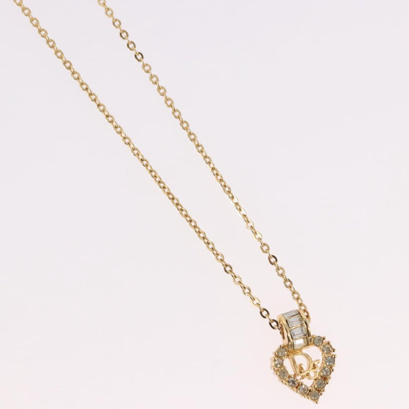 Christian Dior Rhinestone Heart Necklace metal Gold Auth SW2427