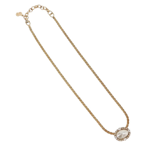 Christian Dior Oval Pearl Choker Necklace Metal Gold Tone Auth SW2530