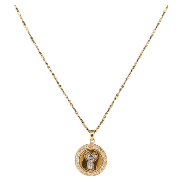 SAINT LAURENT Initials Cointop Necklace Metal Gold Tone Auth SW2536
