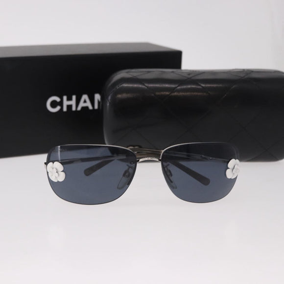CHANEL Camelia Sunglasses Metal Light Blue Silver CC Auth SW2597V