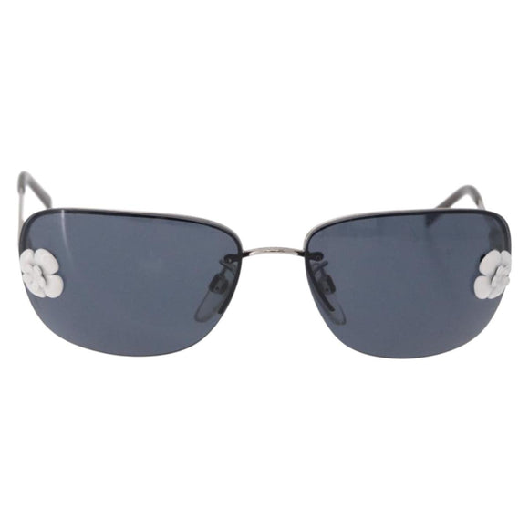 CHANEL Camelia Sunglasses Metal Light Blue Silver CC Auth SW2597V