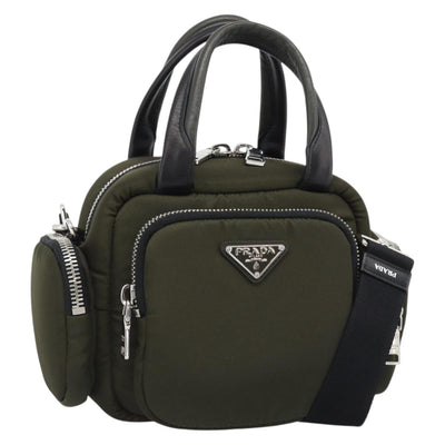 PRADA Hand Bag Nylon 2way Khaki Silver Auth SW2636SAM