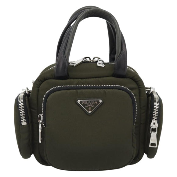 PRADA Hand Bag Nylon 2way Khaki Silver Auth SW2636SAM