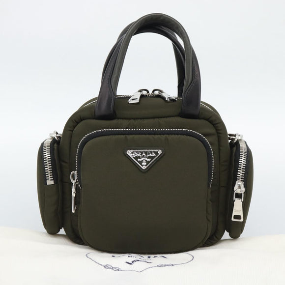 PRADA Hand Bag Nylon 2way Khaki Silver Auth SW2636SAM