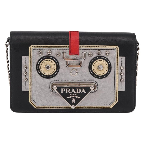PRADA Robot Chain Shoulder Bag Saffiano Black Silver Auth SW2638SM