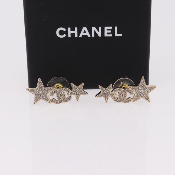 CHANEL Rhinestone COCO Mark Earring Metal Gold Tone CC Auth SW2653SM