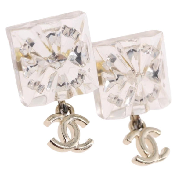 CHANEL Crystal COCO Mark Earring Metal Clear Silver CC Auth SW2655SAM