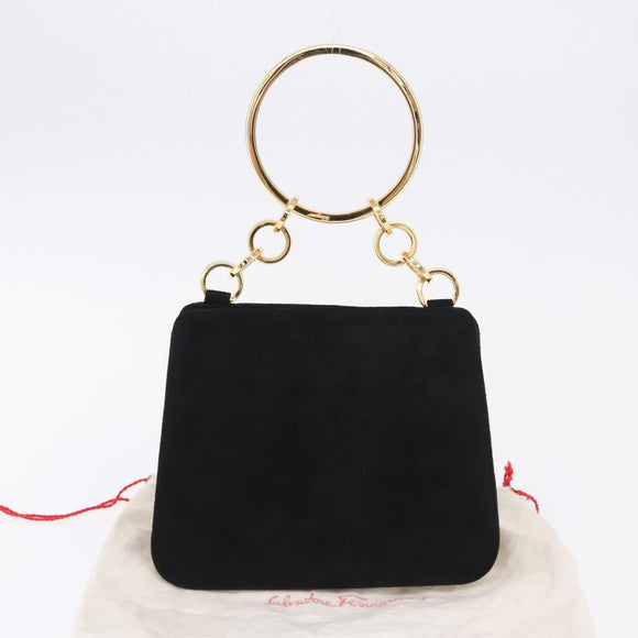 Salvatore Ferragamo Hand Bag Suede Black Gold Tone Auth SW2667V