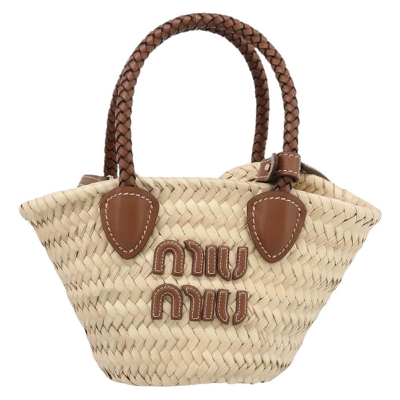 Miu Miu Woven Fabric Hand Bag Raffia 2way Beige Gold Auth SW2677SAM