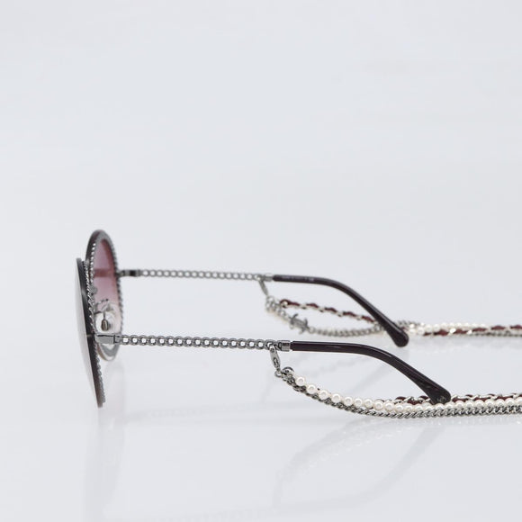 CHANEL COCO Mark Pearl Triple Chain Gradient Sunglasses plastic Wine Red Silver CC Auth SW2690M