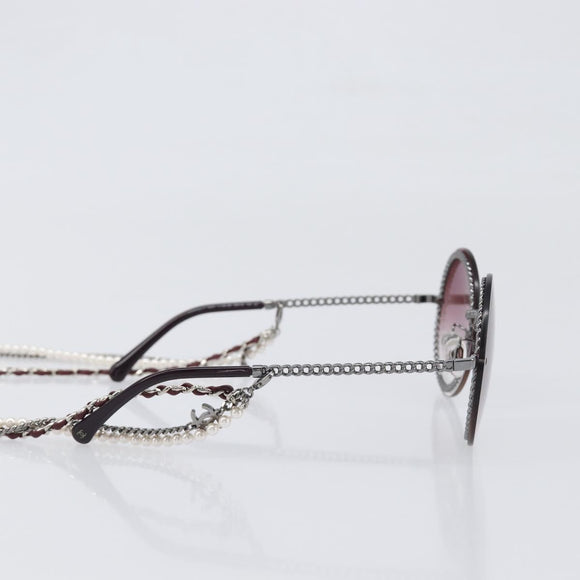 CHANEL COCO Mark Pearl Triple Chain Gradient Sunglasses plastic Wine Red Silver CC Auth SW2690M