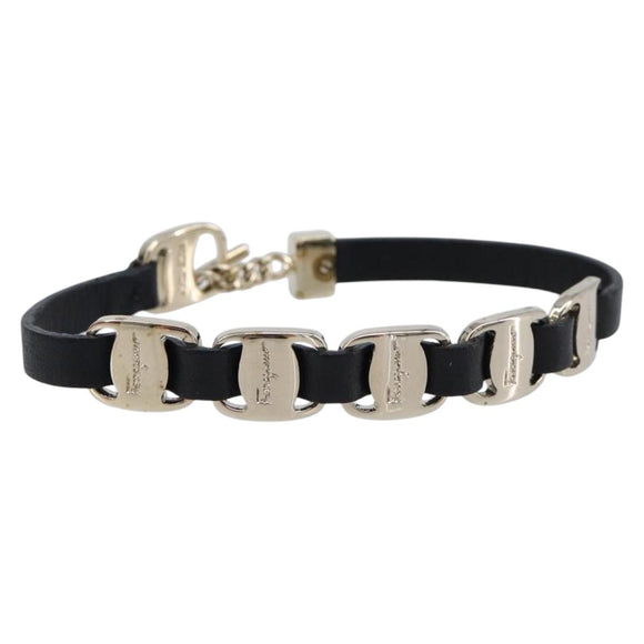 Salvatore Ferragamo Vala Bracelet Leather Black Gold Auth SW2868