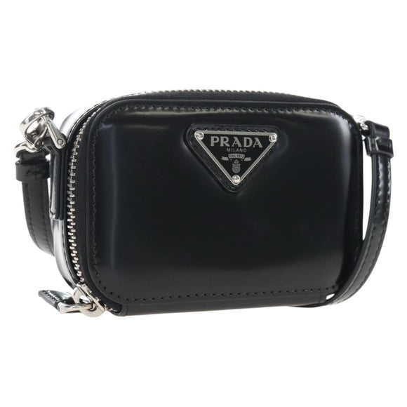 PRADA Shoulder Pouch Leather Black Silver Auth SW2880M