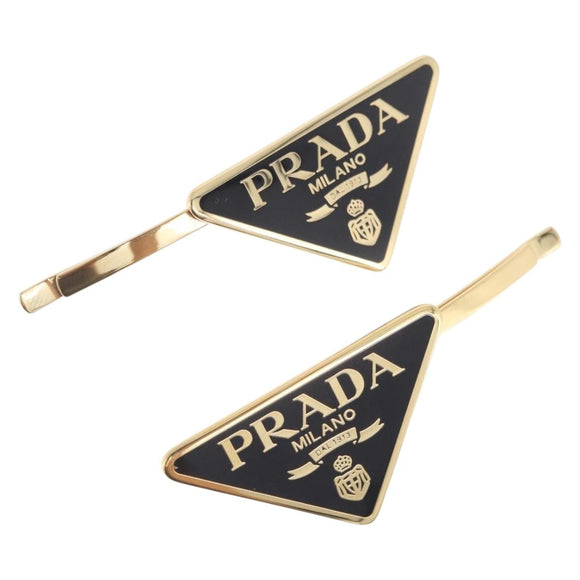 PRADA Barrette Hair Clip Metal Gold Tone Black 1IF051 Auth SW2899M