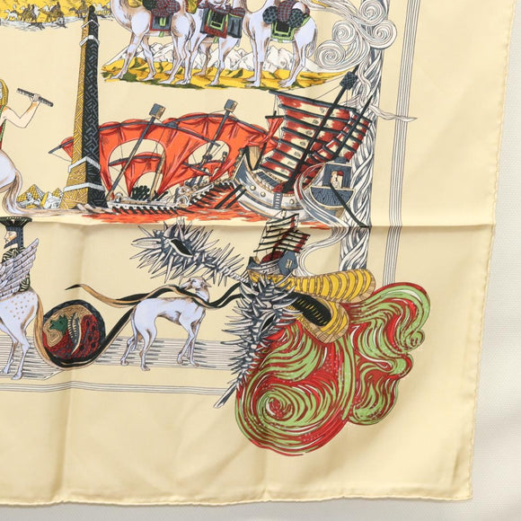 HERMES Carre 90 Scarf ""Au FIL de la SOIE"" Silk Beige Auth sw338