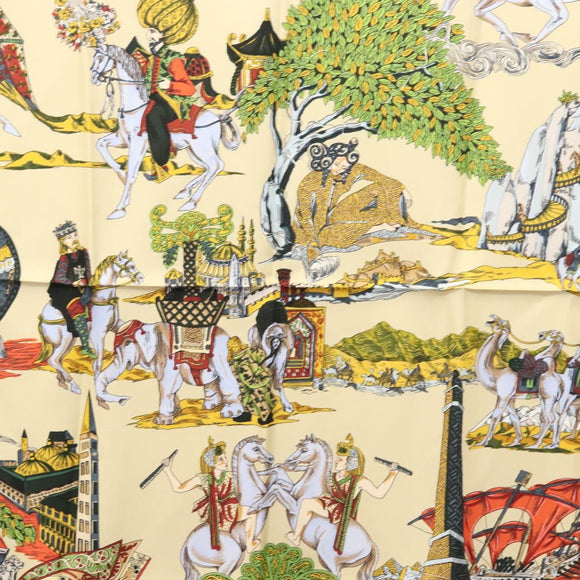 HERMES Carre 90 Scarf ""Au FIL de la SOIE"" Silk Beige Auth sw338