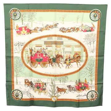 HERMES Carre 90 Scarf ""L’HIVER EN POSTE"" Silk Green Auth sw343
