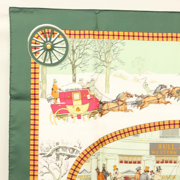 HERMES Carre 90 Scarf ""L’HIVER EN POSTE"" Silk Green Auth sw343