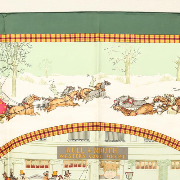 HERMES Carre 90 Scarf ""L’HIVER EN POSTE"" Silk Green Auth sw343