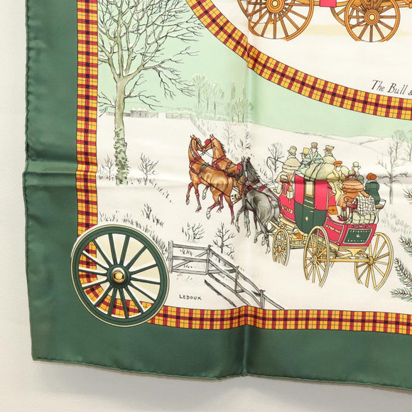 HERMES Carre 90 Scarf ""L’HIVER EN POSTE"" Silk Green Auth sw343