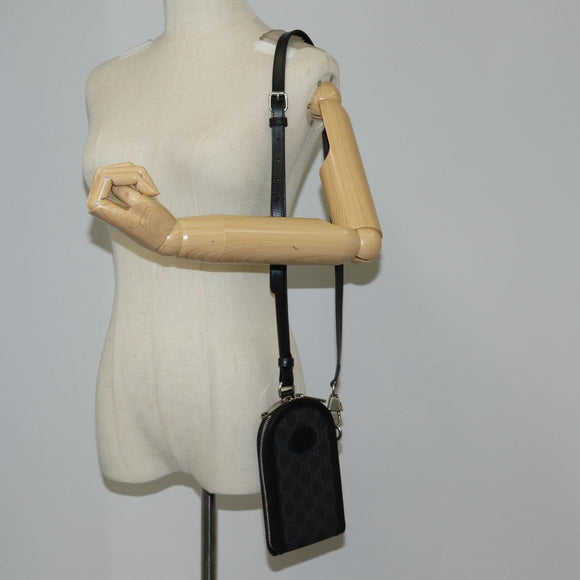 GUCCI GG Supreme Phone Holder Shoulder Bag PVC Black Silver 724357 Auth sw385AM