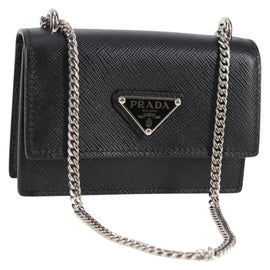 PRADA Chain Card Case Safiano leather Black Auth sw390AM